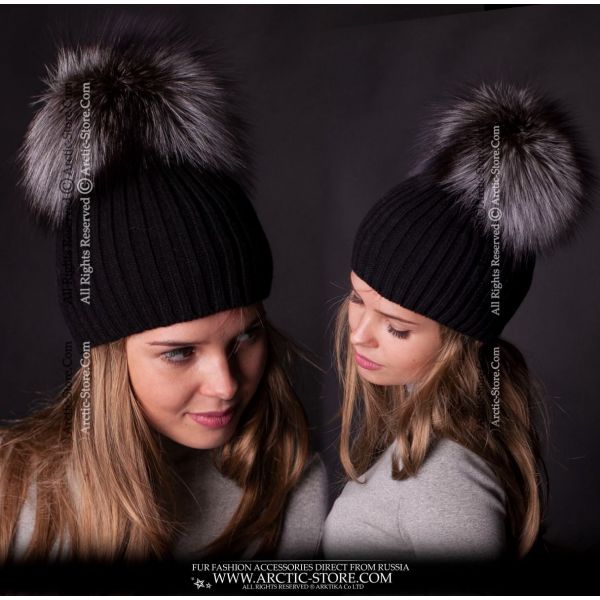 Silver fur pom pom beanie - Real fur pompom hat